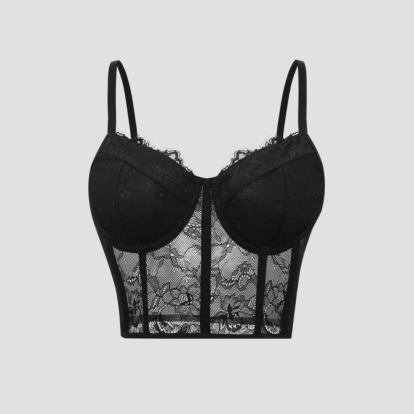 Szexi fekete, félig átlátszó, hálós melltartó, push-up női csőfelső, fűzős, bustier mellény, klubparti, crop top, elegáns fehérnemű