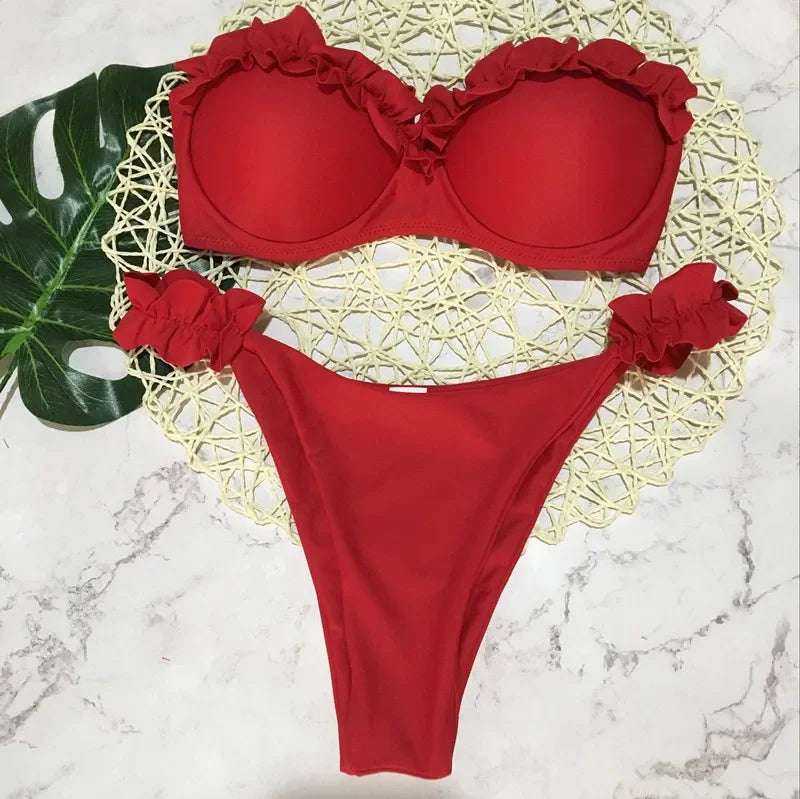 Szexi fodros, fodros melltartós bikini 2026 női bandeau fürdőruha női fürdőruha kétrészes bikiniszett push up fürdőruha úszás