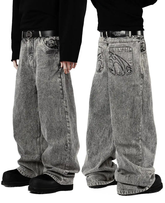 90-es évekbeli retró utcai hímzésű farmernadrág férfi R&B egyszínű laza egyenes  hip-hop punk stílusú férfi farmernadrág