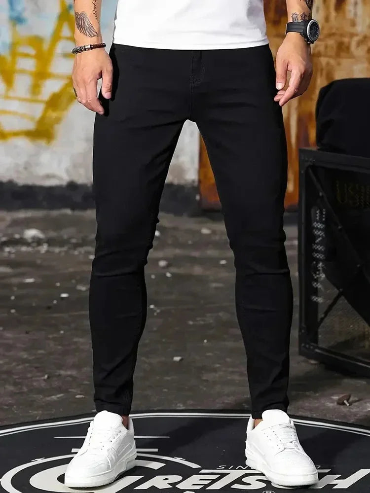 Férfi farmer, rugalmas, vékony, egyszínű, fekete, kék, tavaszi, luxus utcai, harajuku, hip-hop stílusú, nadrág, márka