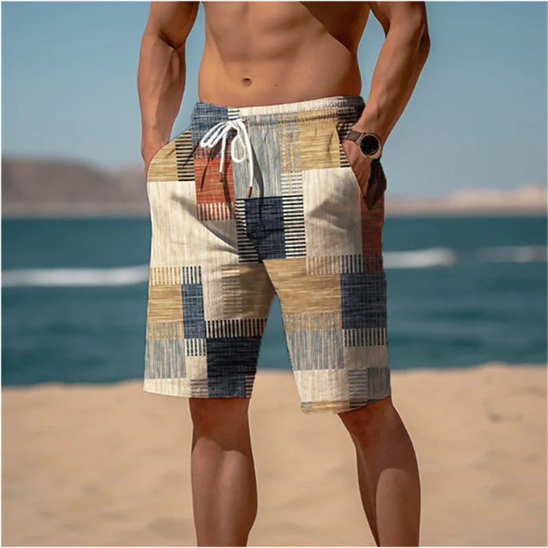 Vintage Patchwork Mintás Strandnadrág Férfiaknak Divatos Hétköznapi Nyári 3D Műszövet Nyomtatott Fürdőruhák Laza Utcai Rövid Nadrág