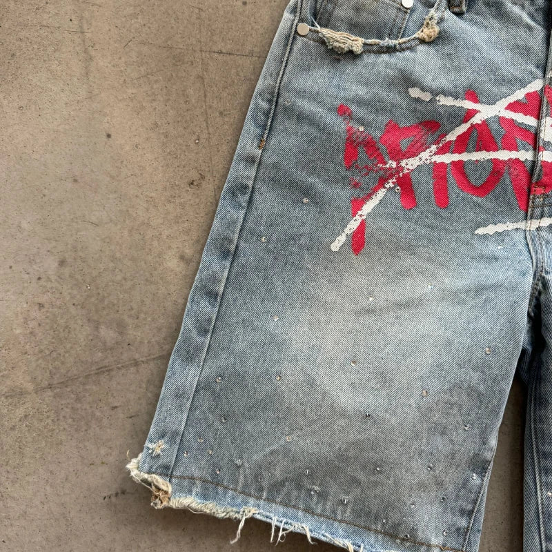Y2K Graffiti Jorts Strasszos Nyomtatott Farmer Rövidnadrág Férfi Trend Retro Hip Hop Streetwear Rövidnadrág