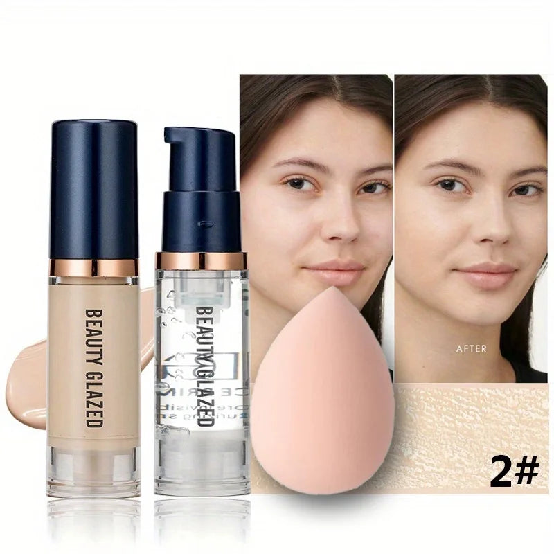 BEAUTY GLAZED 3 darabos arcsmink készlet, matt, tartós, vízálló folyékony alapozó + primer + puff