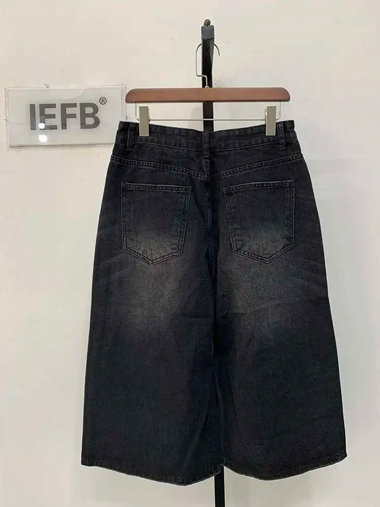 IEFB koreai stílusú vintage férfi farmer nyári laza férfi széles szárú térdig érő rövidnadrág új mosott divatos rövid farmer nadrág