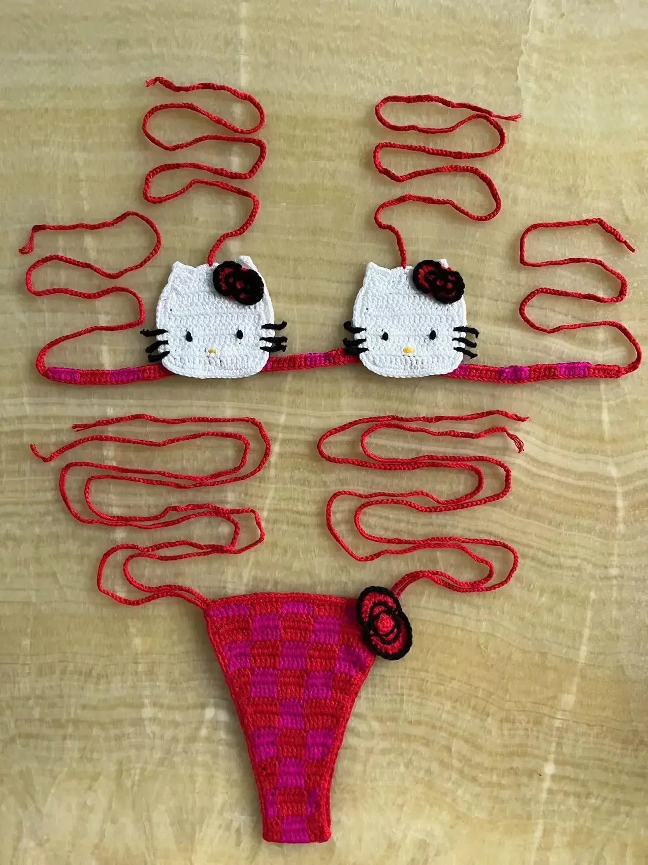 Sanrio horgolt bikini szett aranyos lányoknak fürdőruhák Hello Kitty szexi fürdőruha mikro kötésű bikinik strandruha női fürdőruha