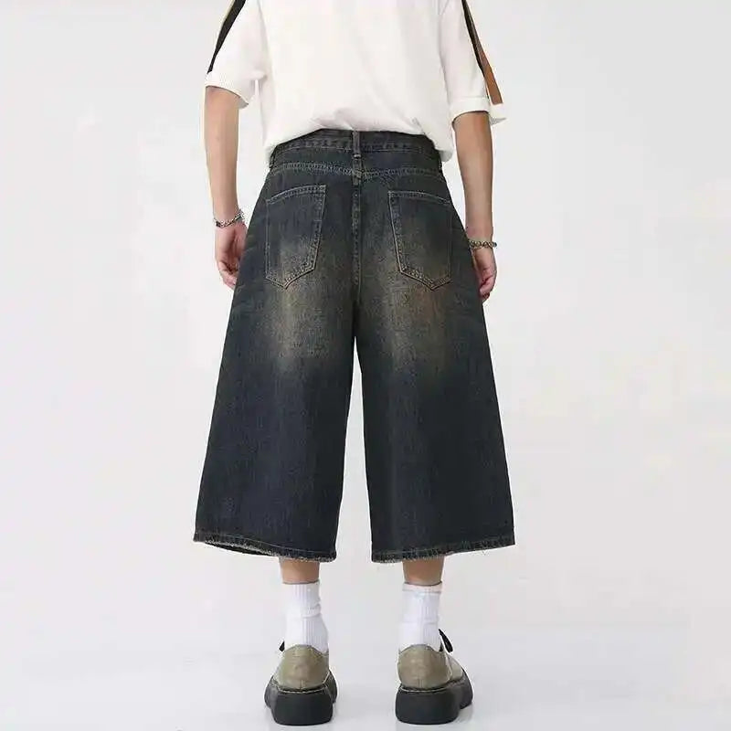 IEFB koreai stílusú vintage férfi farmer nyári laza férfi széles szárú térdig érő rövidnadrág új mosott divatos rövid farmer nadrág