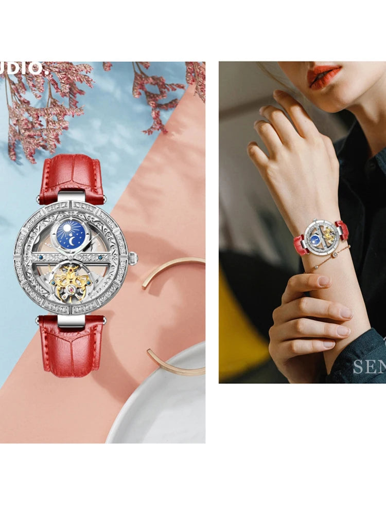 Női automata mechanikus karóra, csúcsmárkás luxus bőr vízálló órák, női csontváz Tourbillon óra, reloj mujer, új