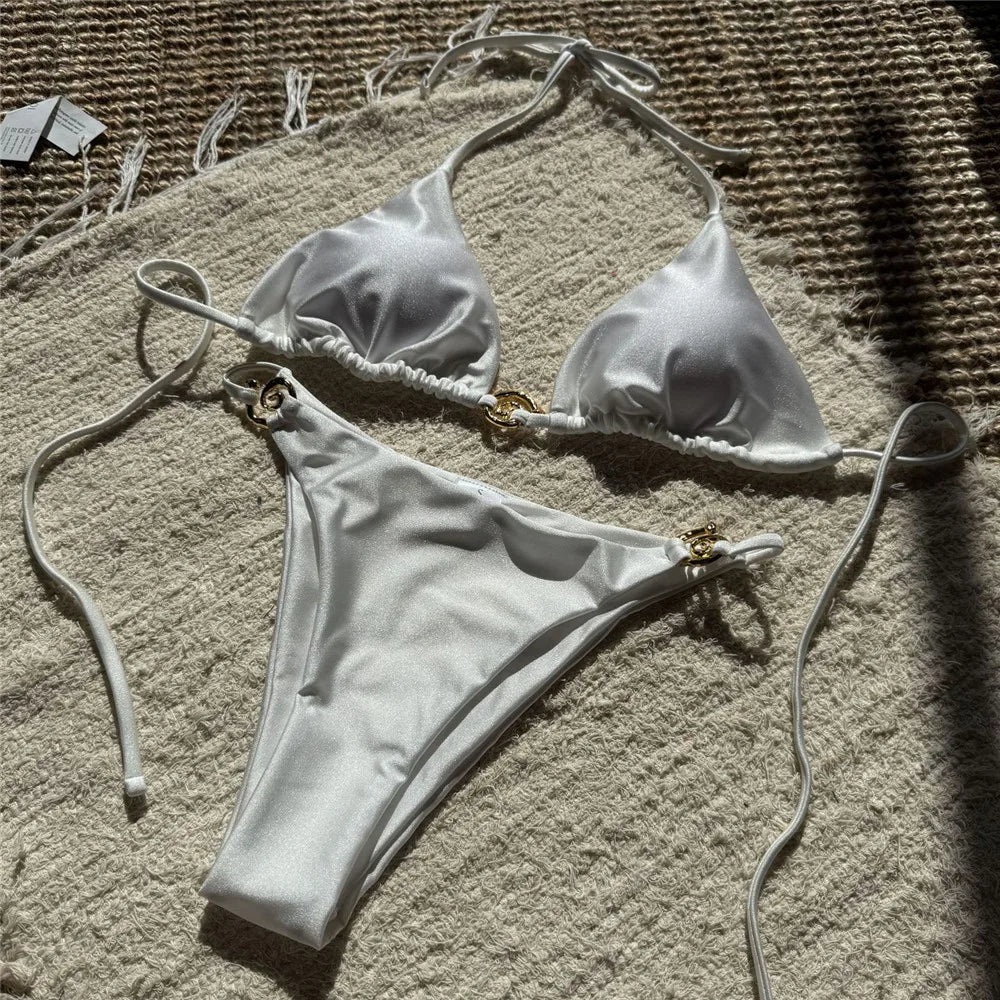 Egyszínű narancssárga fürdőruha fém gyűrűs zsinóros háromszög alakú mikro bikini tanga szexi fürdőruha nők 2026 fürdőruha bikiniszett