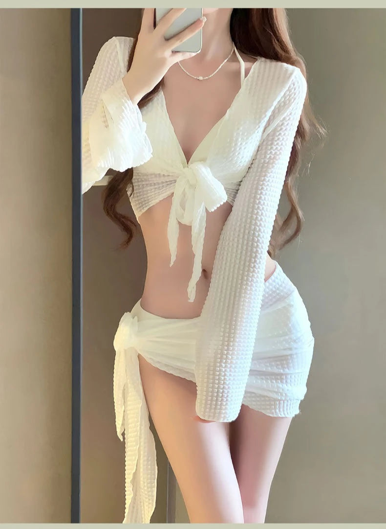 Női hosszú ujjú kötött bikiniszett, tiszta szexi push-up fürdőruha takaróval, elegáns üdülőhelyi fürdőruha nyaralásra és strandra