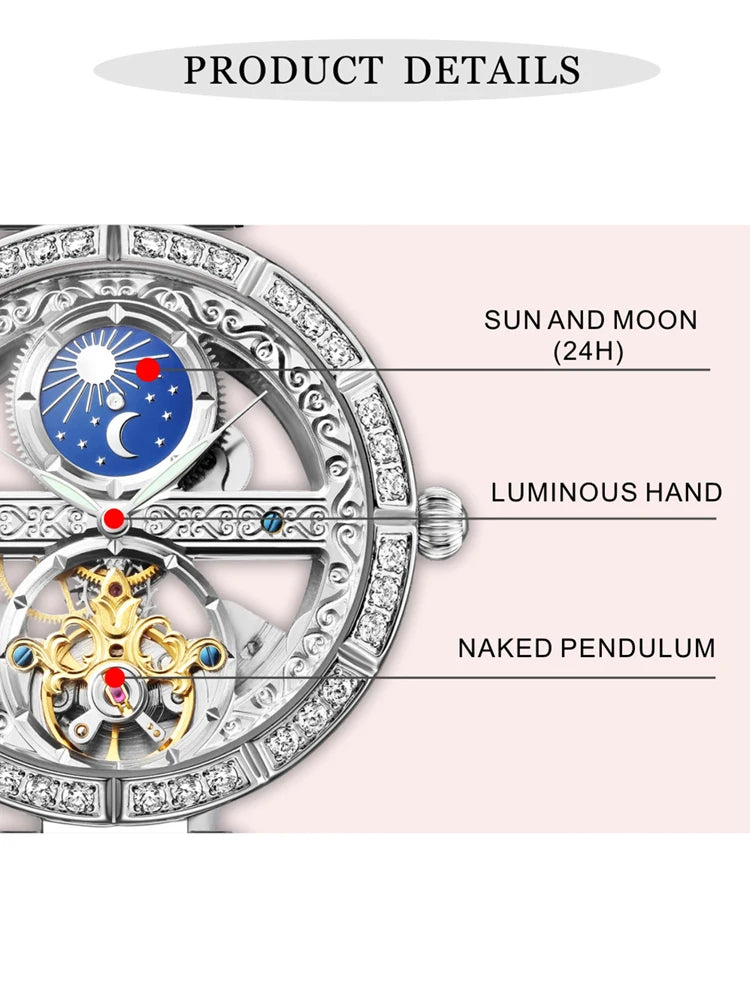 Női automata mechanikus karóra, csúcsmárkás luxus bőr vízálló órák, női csontváz Tourbillon óra, reloj mujer, új