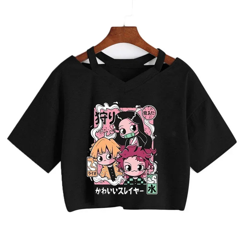 Demon Slayer póló Nezuko póló női Kimetsu No Yaiba crop top pólók japán anime Tanjiro Kamado felsők Manga póló női
