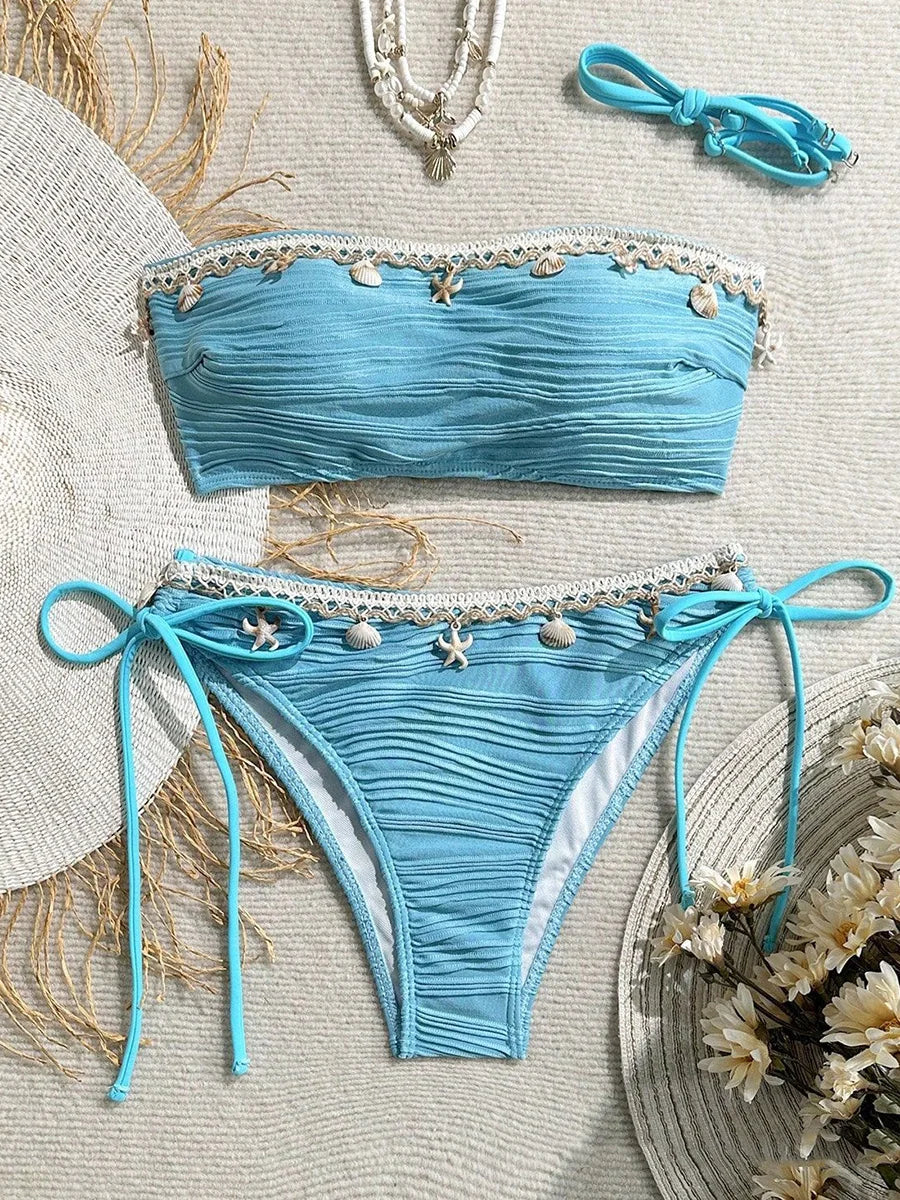 XS - XL Bandeau ráncos, magas kivágású bikini női fürdőruha női fürdőruha kétrészes bikiniszett kagyló fürdőruha úszás