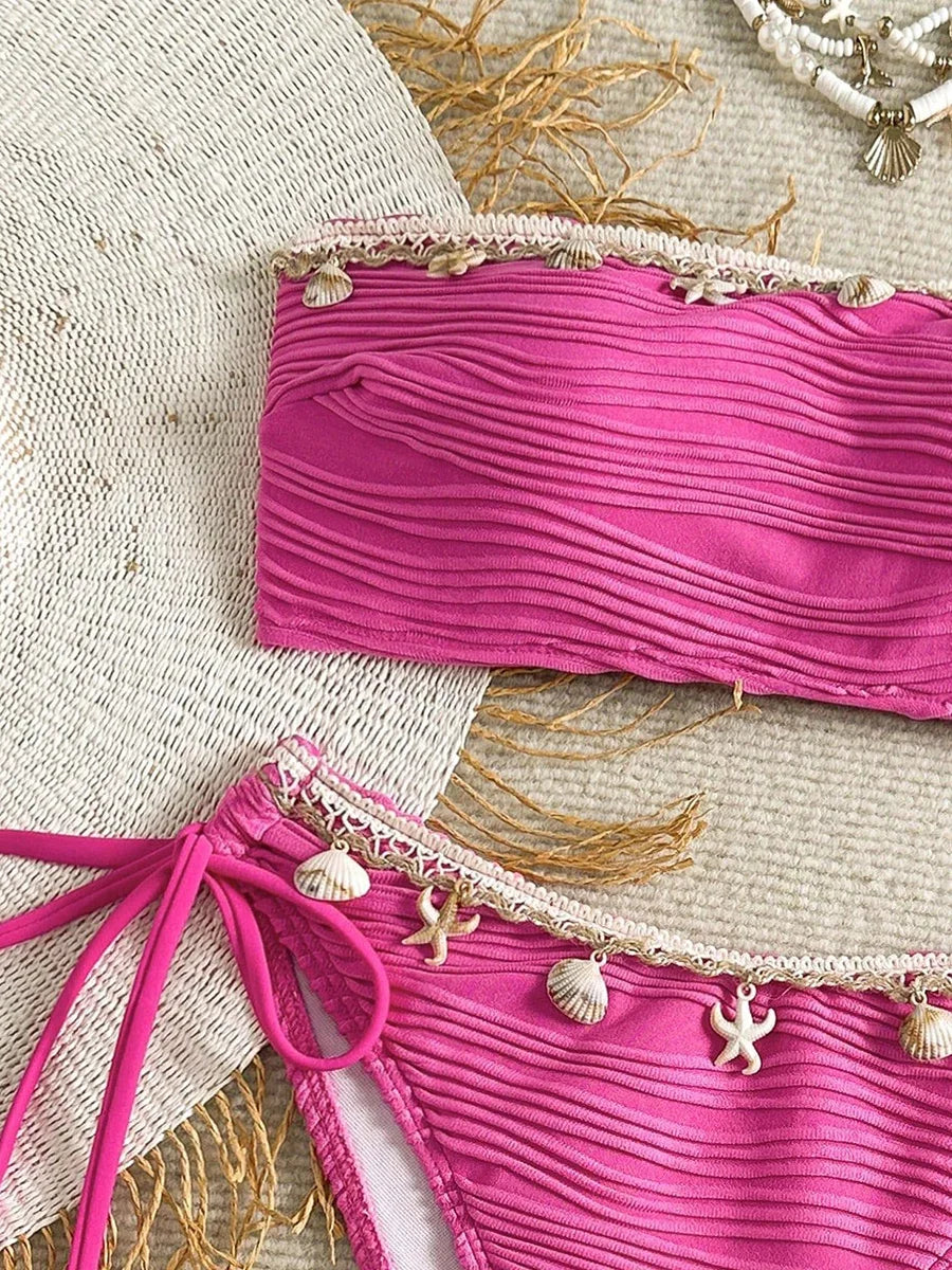 XS - XL Bandeau ráncos, magas kivágású bikini női fürdőruha női fürdőruha kétrészes bikiniszett kagyló fürdőruha úszás