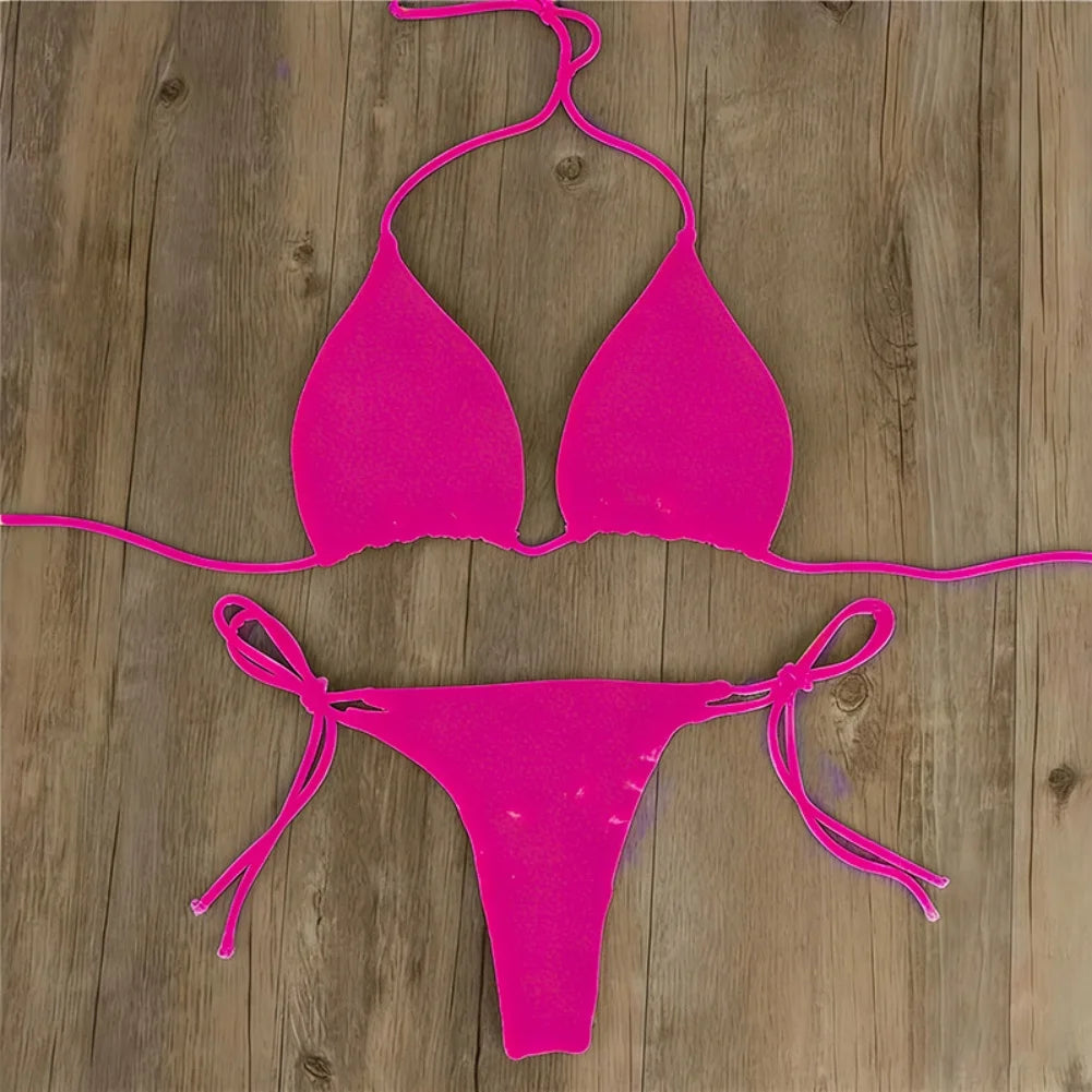 Női szexi tanga bikini szett oldalsó fürdőruha kötszer stílusú brazil fürdőruha osztott pántos állítható egyszínű női fürdőruha szett
