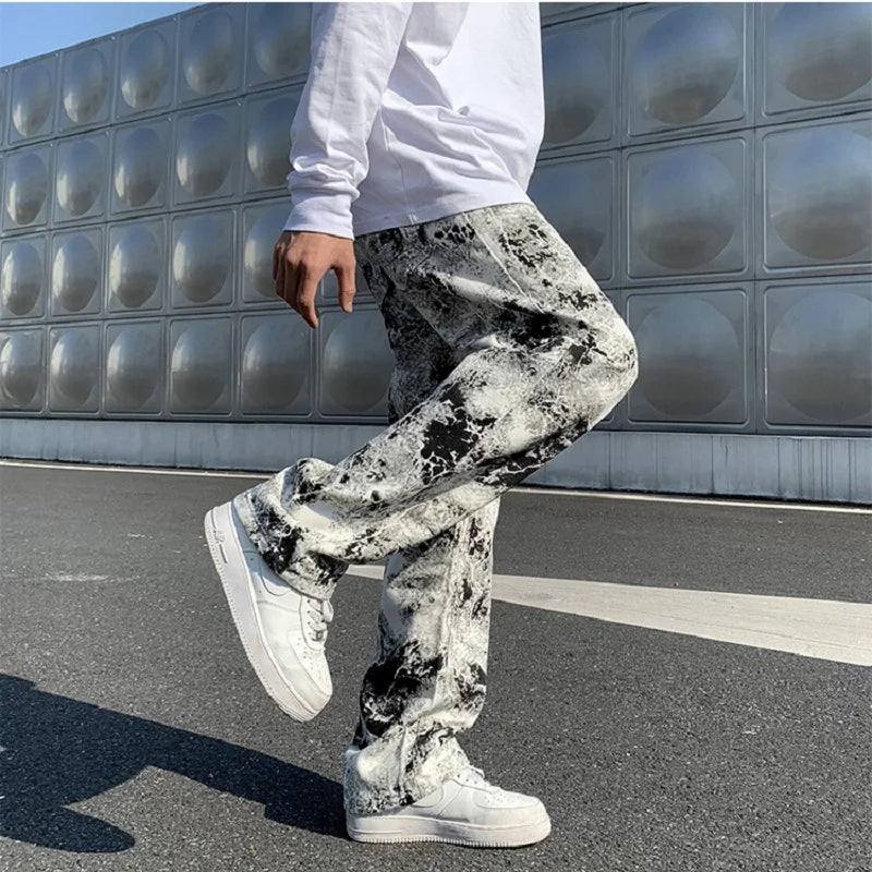 Nyomott farmernadrág Unisex rugalmas derekú tavaszi 2025 Férfi divatos koreai stílusú főutcai laza hip-hop nadrág