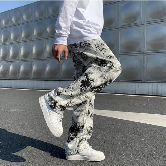 Nyomott farmernadrág Unisex rugalmas derekú tavaszi 2025 Férfi divatos koreai stílusú főutcai laza hip-hop nadrág