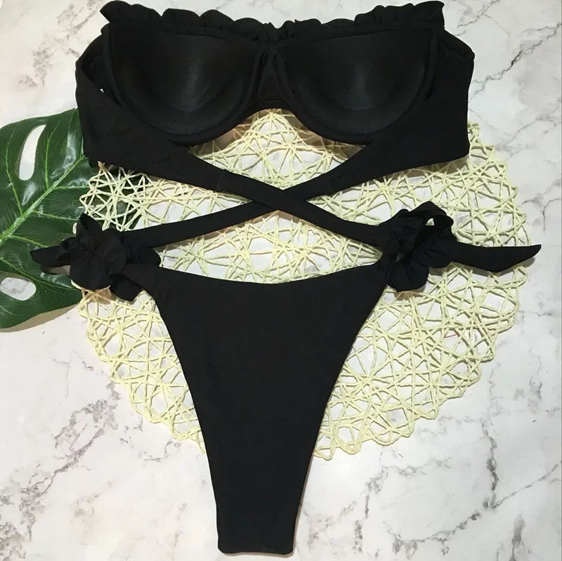 Szexi fodros, fodros melltartós bikini 2026 női bandeau fürdőruha női fürdőruha kétrészes bikiniszett push up fürdőruha úszás