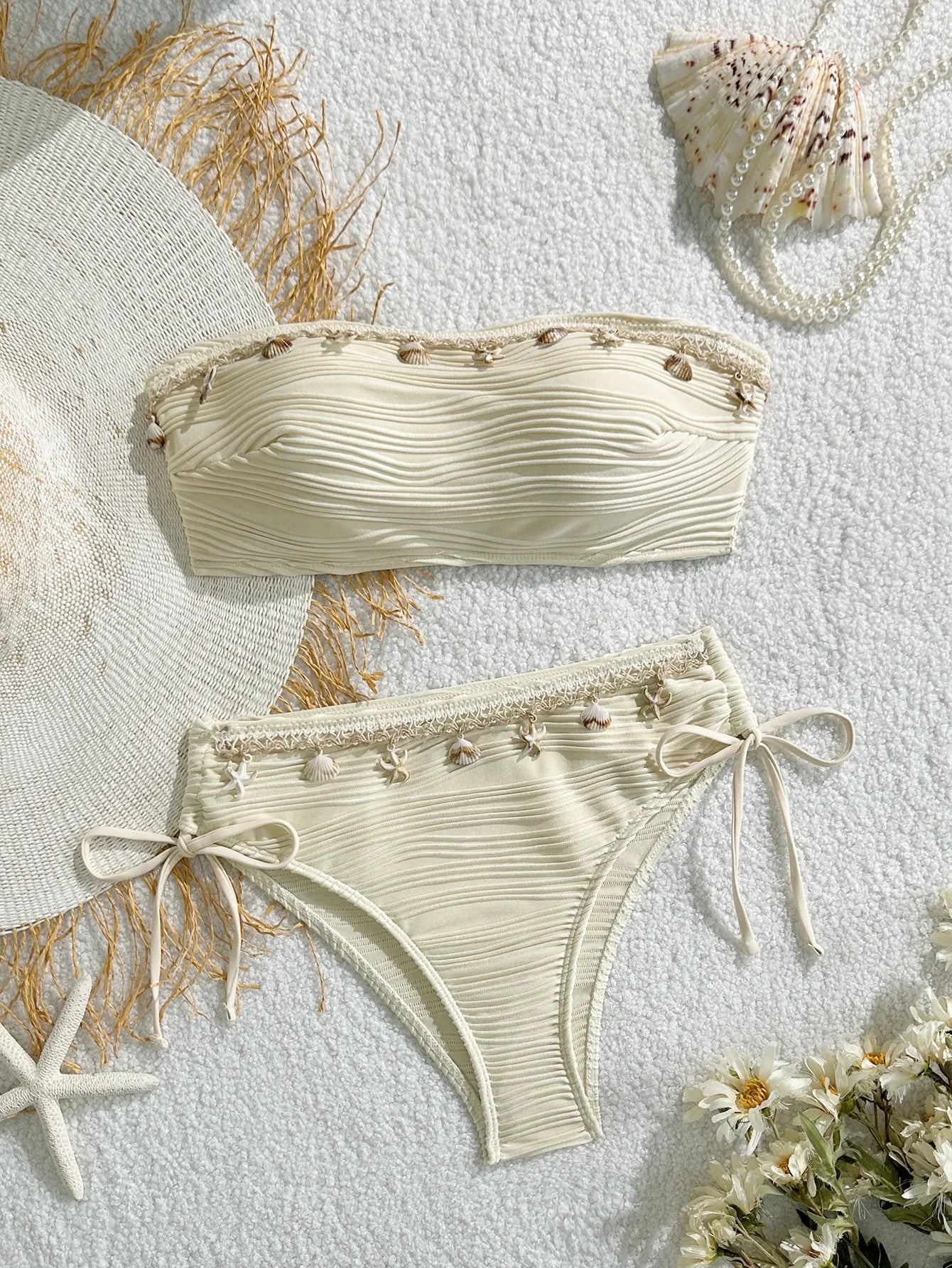 XS - XL Bandeau ráncos, magas kivágású bikini női fürdőruha női fürdőruha kétrészes bikiniszett kagyló fürdőruha úszás