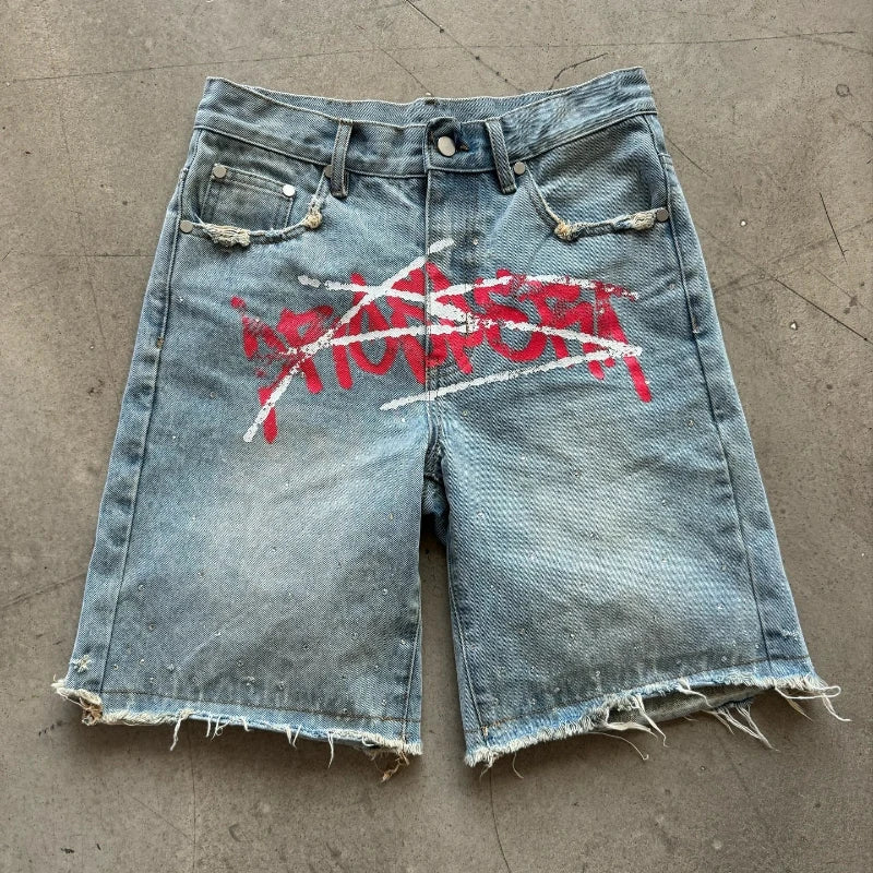 Y2K Graffiti Jorts Strasszos Nyomtatott Farmer Rövidnadrág Férfi Trend Retro Hip Hop Streetwear Rövidnadrág