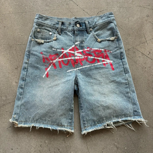 Y2K Graffiti Jorts Strasszos Nyomtatott Farmer Rövidnadrág Férfi Trend Retro Hip Hop Streetwear Rövidnadrág