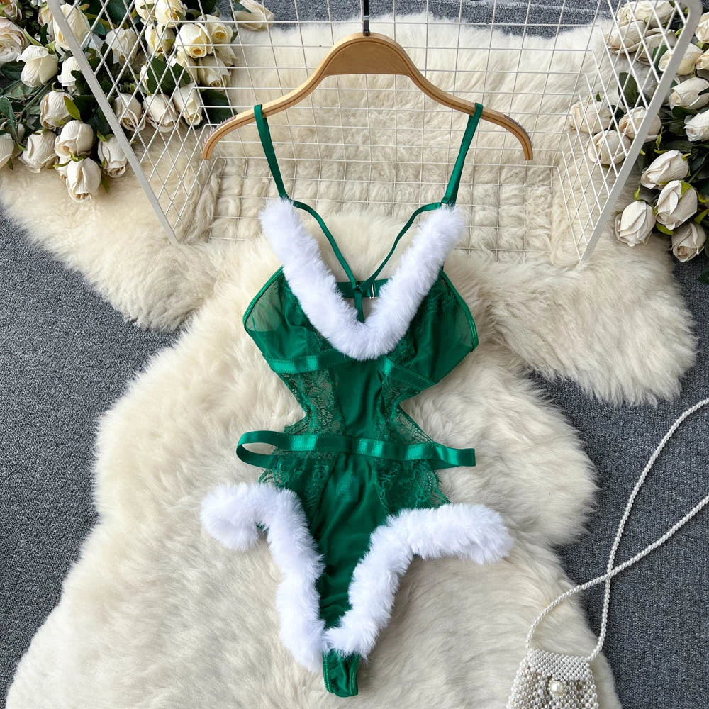 Piros karácsonyi cosplay nyúl lány jumpsuit szexi fehérnemű öv női új ruházat hétköznapi hát nélküli üreges fűzős body
