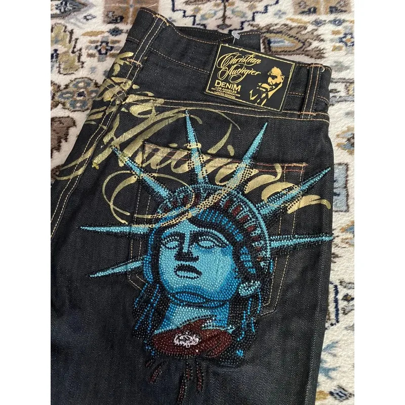 American vintage Liberty Goddess  magas derekú, egyenes szabású, bő szárú farmer, Y2K lezser, Ins utcai viseletű hosszú nadrág