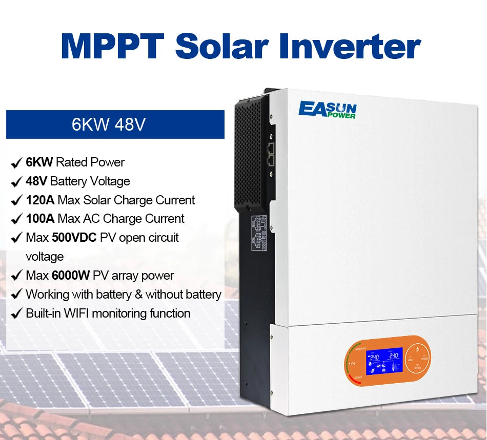 EASUN 6.2KW 4.2KW MPPT hibrid napelemes inverter 48V PV teljesítmény 6500W Off Grid beépített napelemes töltővezérlő 120A tiszta szinusz hullám