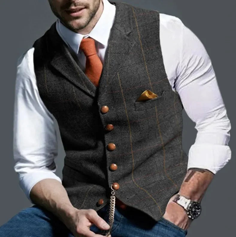 Férfi lezser klasszikus öltönymellény retró pamutkeverék tweed öltöny bélelt mellény S-3XL