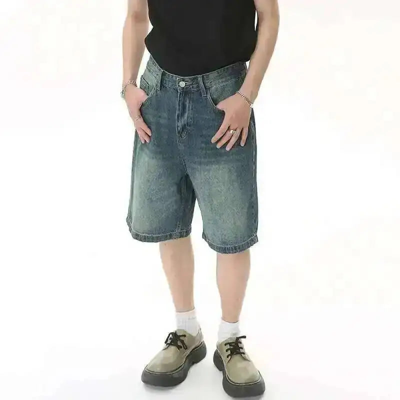 IEFB Nyári Férfi Lezser Farmer Rövidnadrág Laza Közepes Magas Derekú Divat Térdhosszúságú Farmer Rövid Nadrág Vintage Férfi Új Koreai