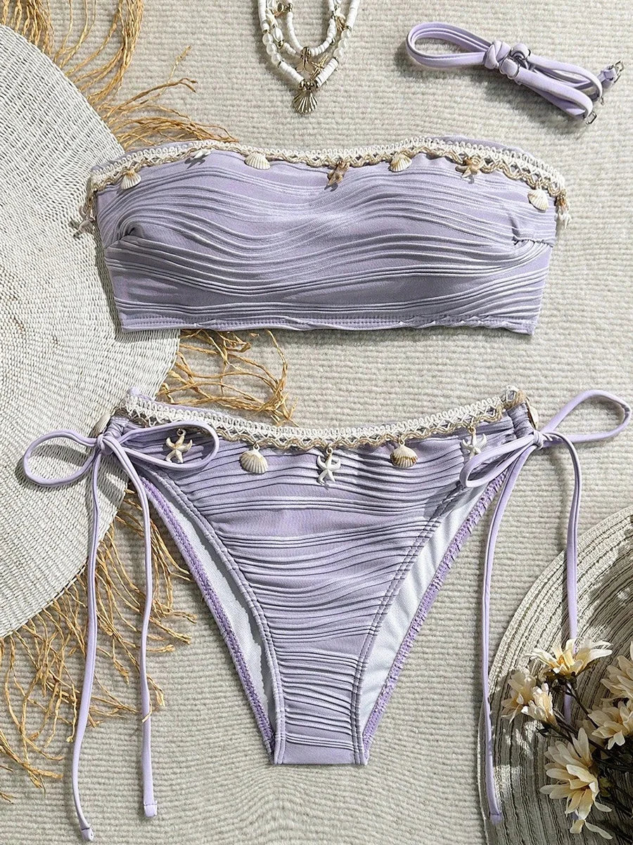 XS - XL Bandeau ráncos, magas kivágású bikini női fürdőruha női fürdőruha kétrészes bikiniszett kagyló fürdőruha úszás