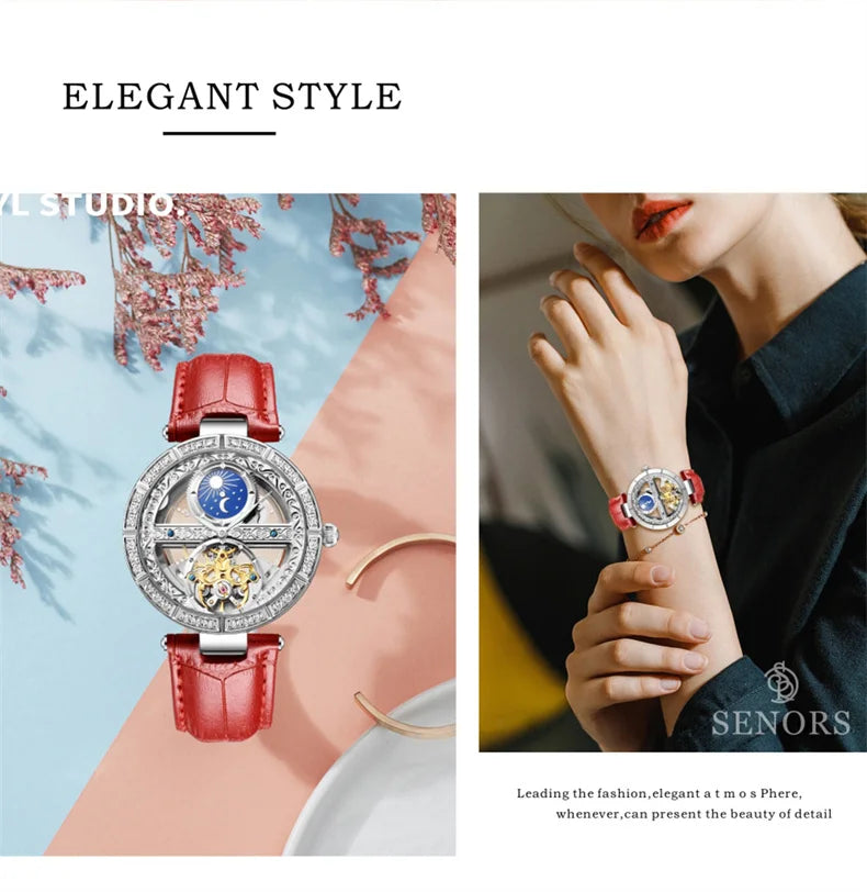 Női automata mechanikus karóra, csúcsmárkás luxus bőr vízálló órák, női csontváz Tourbillon óra, reloj mujer, új