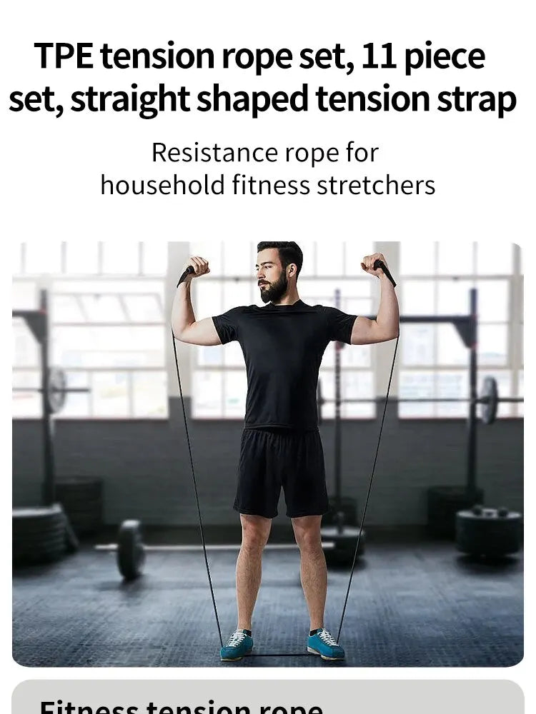 11 db-os TPE ellenállás-szalag szett, fitneszszalag, húzókötél, rugalmas edzőszalag ajtóra akasztható fogantyúkkal, hordtáskával, lábakkal, bokapántokkal