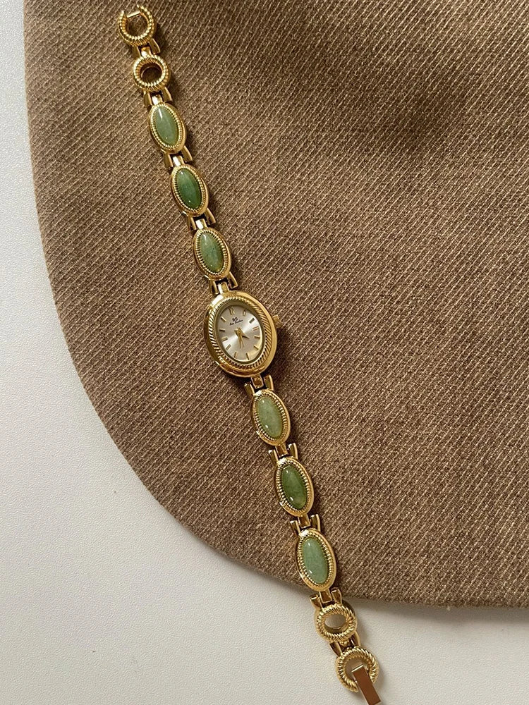 Luxus órák nőknek, elegáns, zöld ékszerek, jade kvarc karkötő, ajándék nőknek, divatos női ruhaóra
