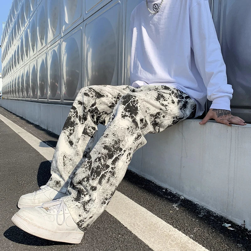 Nyomott farmernadrág Unisex rugalmas derekú tavaszi 2025 Férfi divatos koreai stílusú főutcai laza hip-hop nadrág