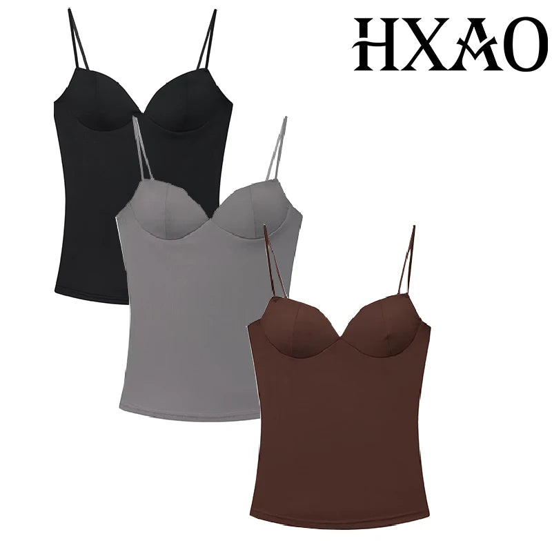 HXAO női felsők, fűzős crop top, női ujjatlan, fekete-barna felső, pántos, testhezálló, hát nélküli, szexi felsők, melltartó
