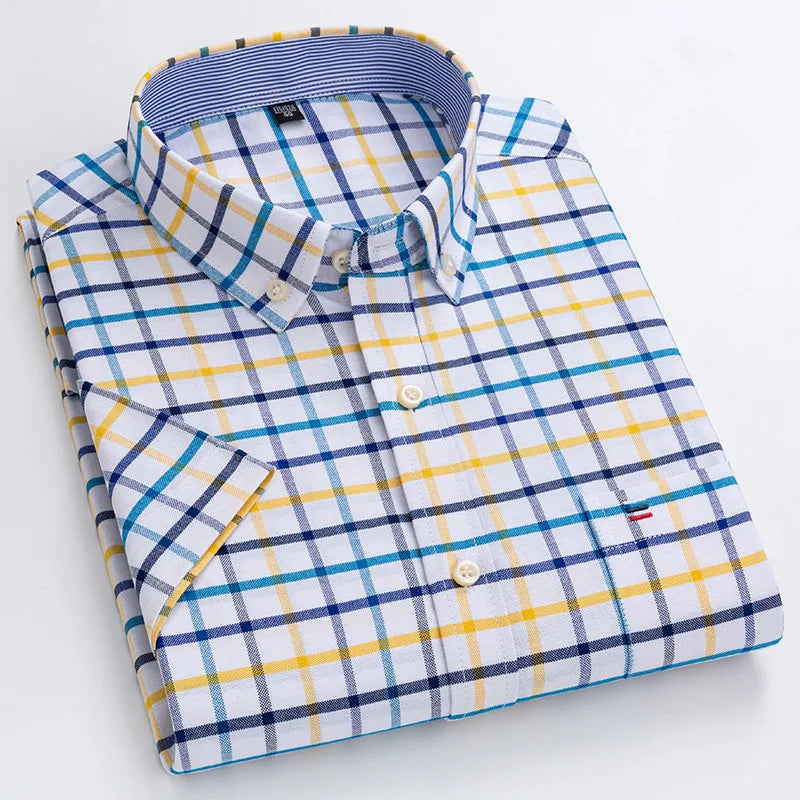 100% pamut férfi Oxford ing, rövid ujjú, nyári, kockás, csíkos, férfi ruházat, üzleti, normál szabású, túlméretezett ing, 7XL, 6XL