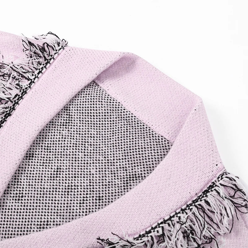 2026 Tavaszi bojtos kötött jacquard női kardigánok laza patchwork V-nyakú hosszú ujjú vastag meleg pulóver női új kötöttáru