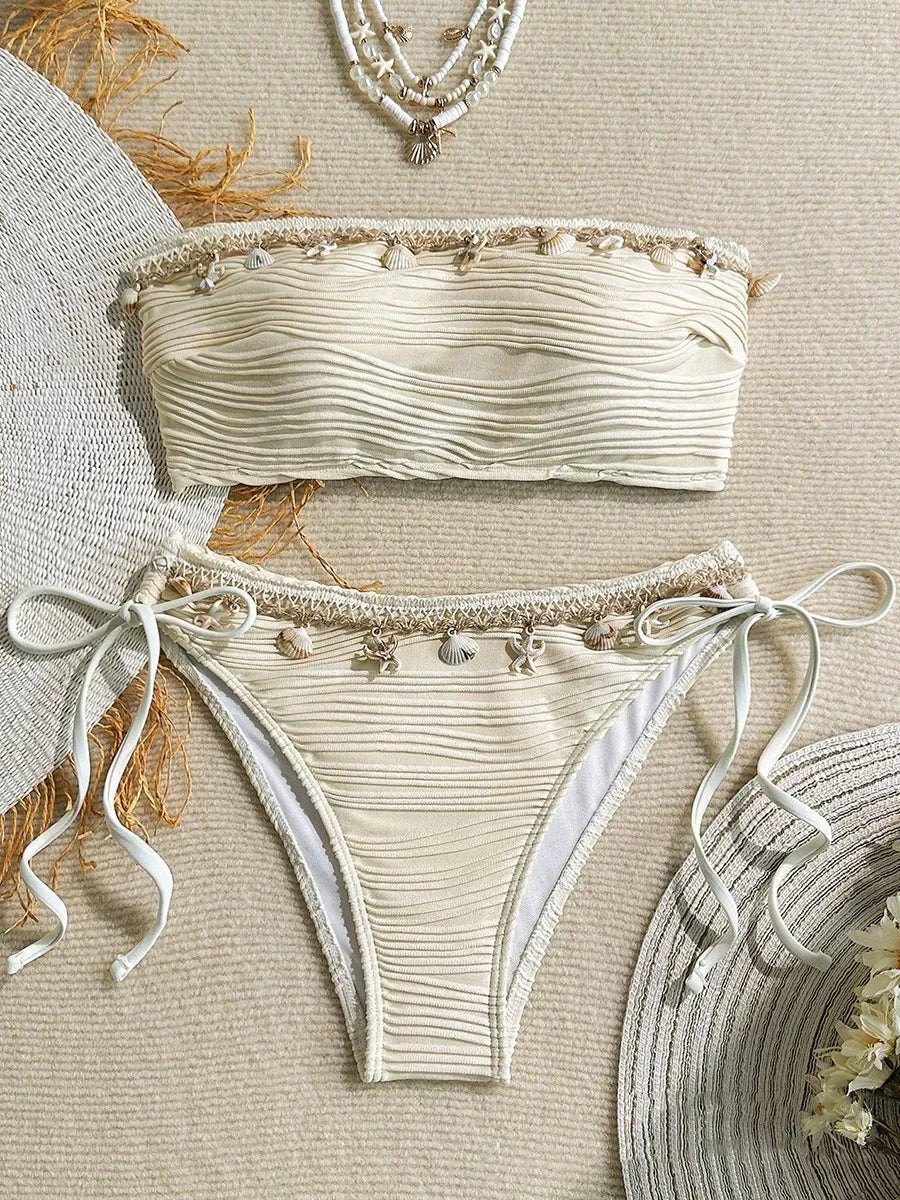 XS - XL Bandeau ráncos, magas kivágású bikini női fürdőruha női fürdőruha kétrészes bikiniszett kagyló fürdőruha úszás