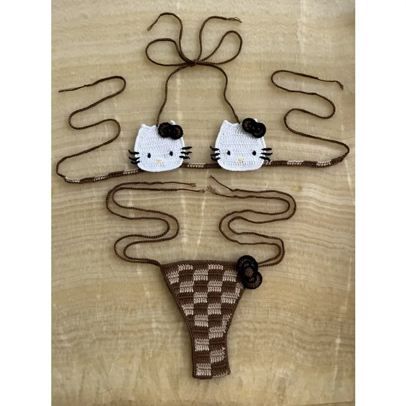Sanrio horgolt bikini szett aranyos lányoknak fürdőruhák Hello Kitty szexi fürdőruha mikro kötésű bikinik strandruha női fürdőruha