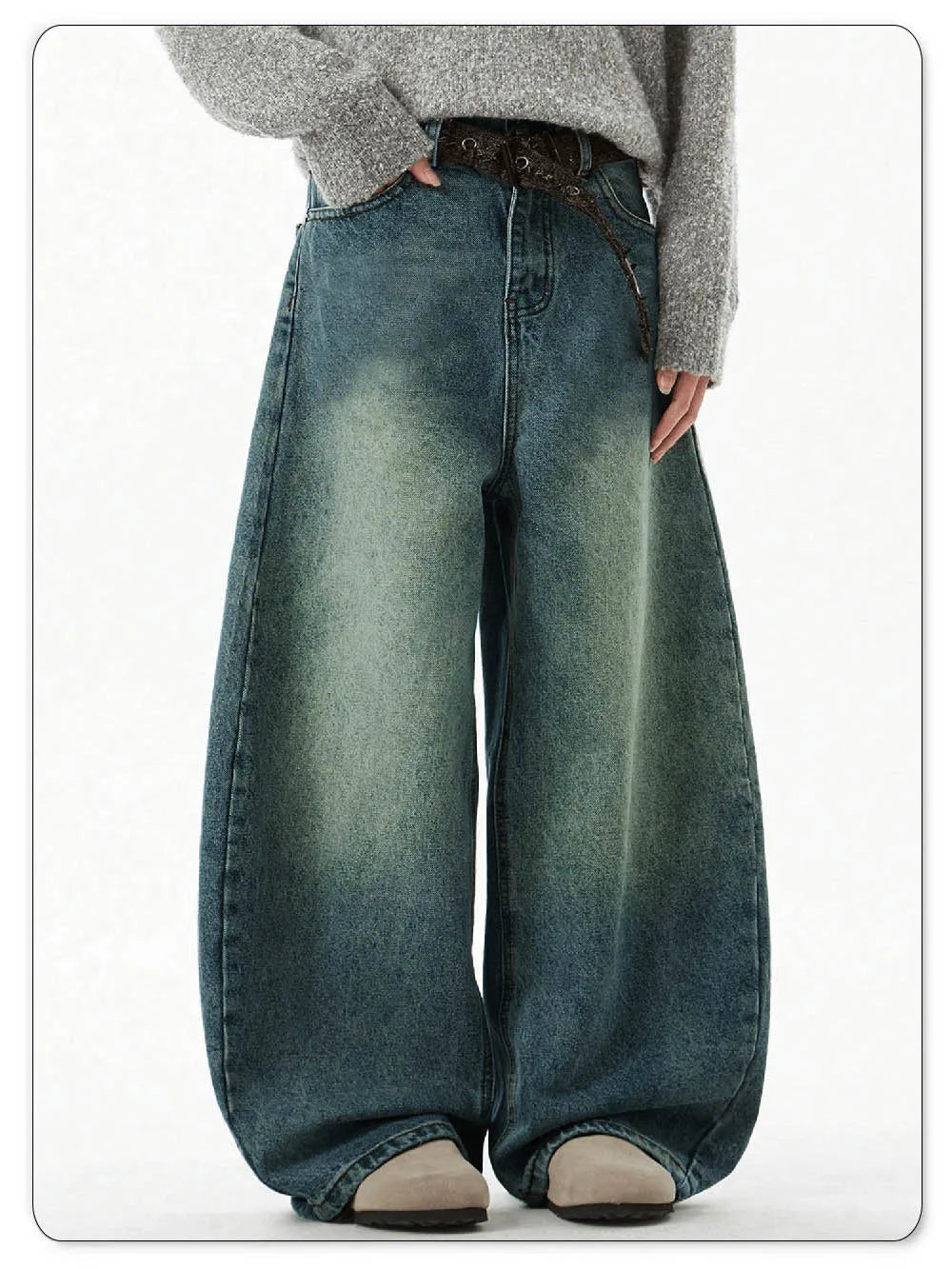 Férfi divat Kék széles szárú farmernadrág Bő farmer Vintage háromdimenziós szabású ívelt késfarmer Laza szabású nyári új trend