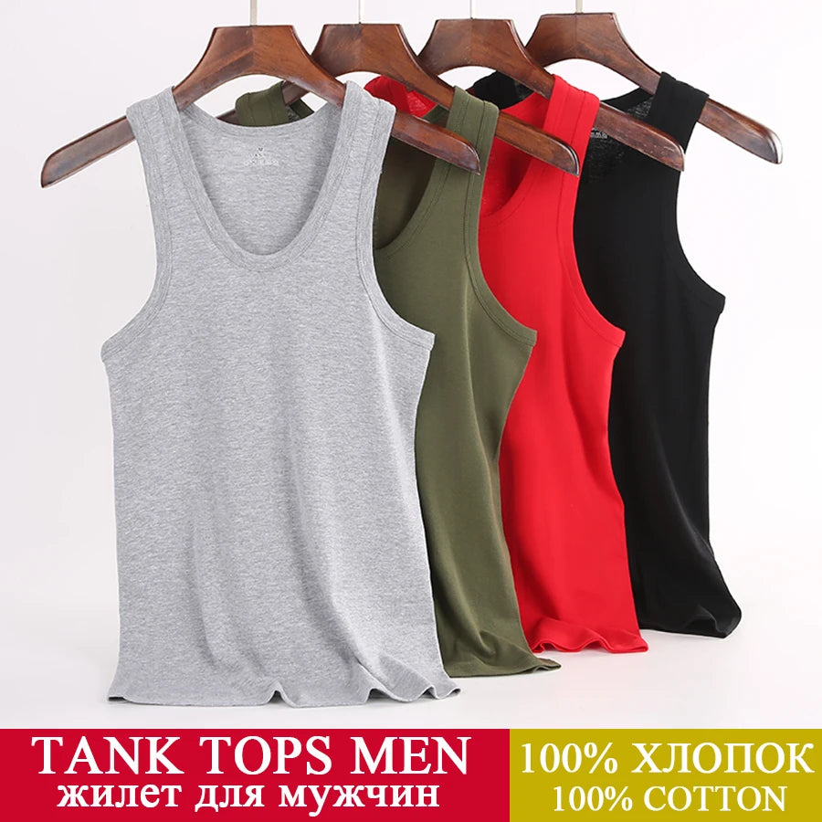 Férfi Tank Tops Fitness Hűvös Nyári 100% Pamut Ujjatlan Felsők Edzőterem Slim Alsóing  10 Szín 1DB