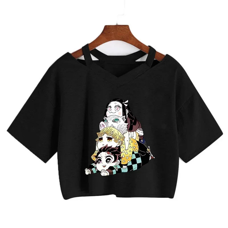 Demon Slayer póló Nezuko póló női Kimetsu No Yaiba crop top pólók japán anime Tanjiro Kamado felsők Manga póló női