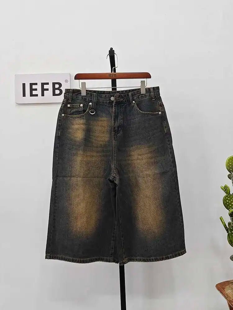IEFB koreai stílusú vintage férfi farmer nyári laza férfi széles szárú térdig érő rövidnadrág új mosott divatos rövid farmer nadrág