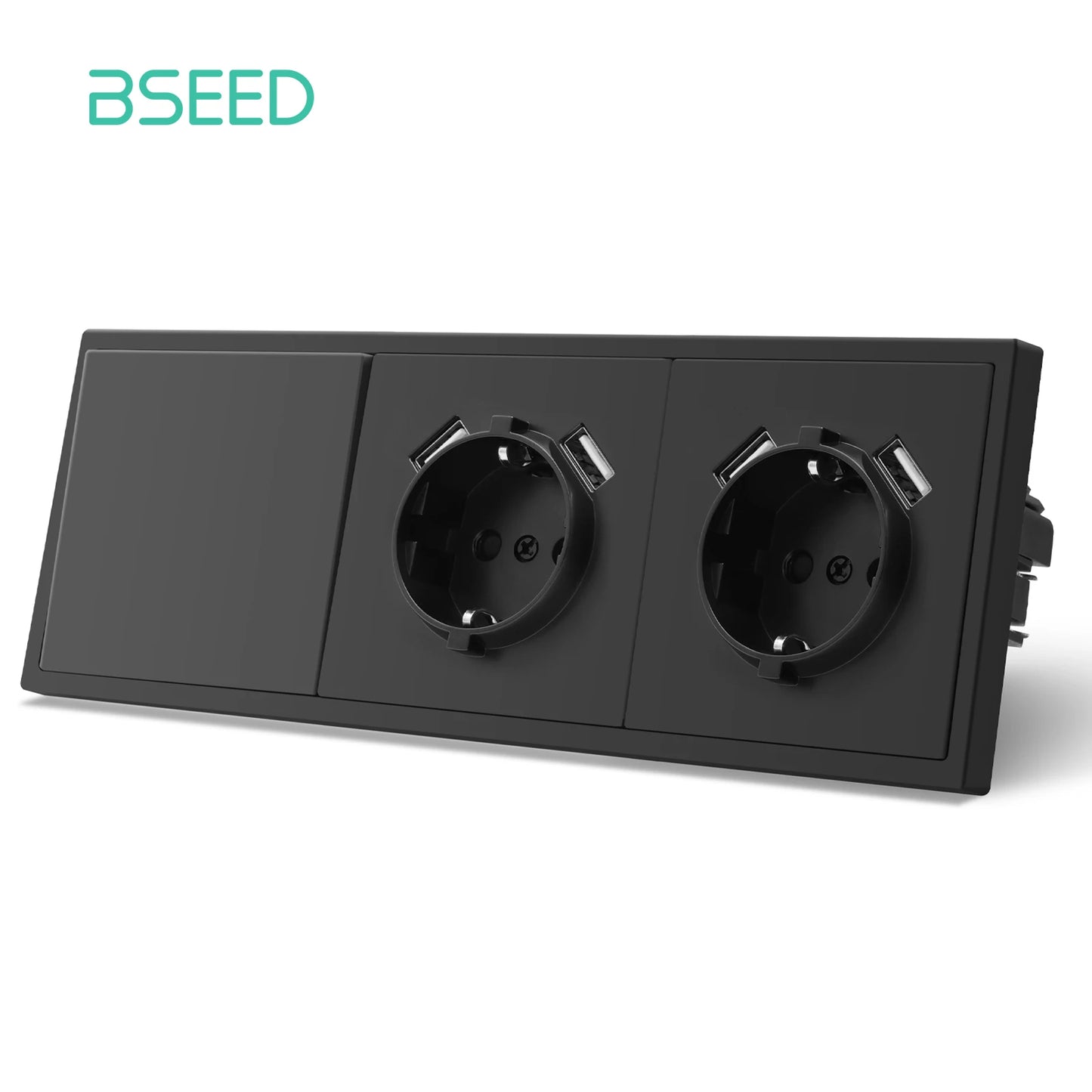BSEED 1/2-es mechanikus gombos kapcsolók, 1 állású, EU fali aljzatok, USB tápcsatlakozókkal, műanyag panel, LED-ek nélkül, fekete sorozat