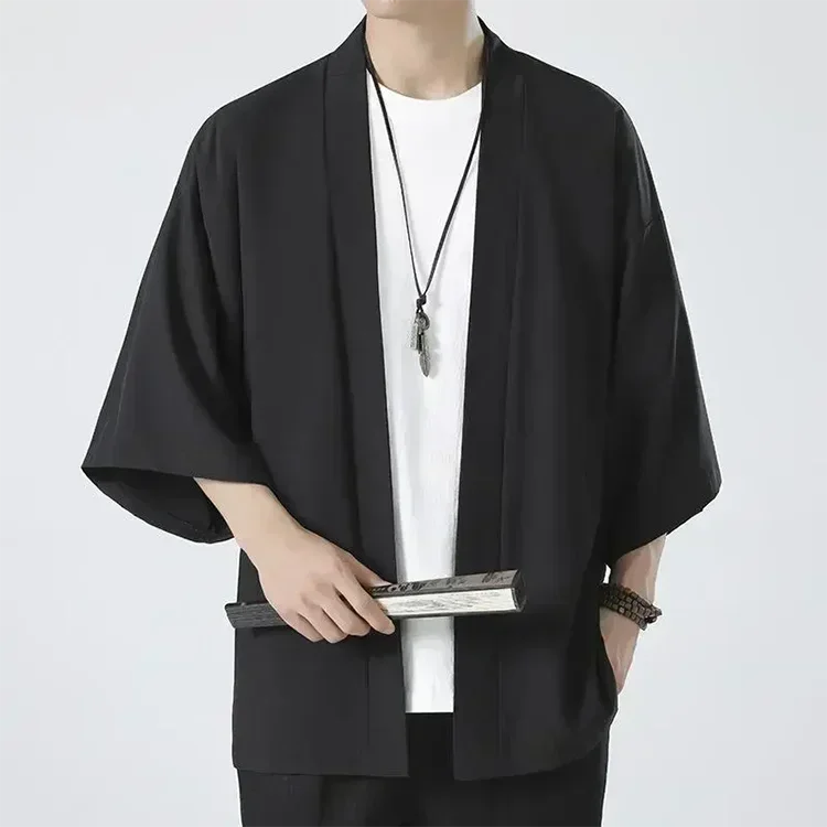 Férfi japán kimonó ingek, lezser, nyitott öltésű, könnyű, yukata, divatos, fekete kardigán, 3/4 ujjú, felsőruházat nyári vakációra