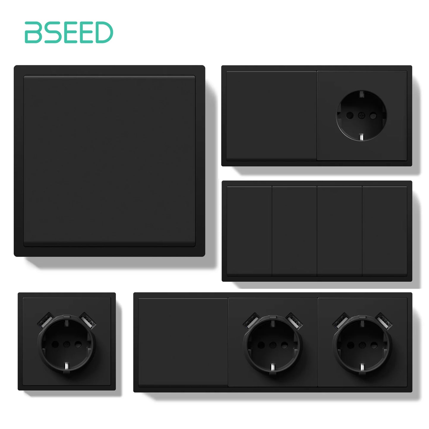 BSEED 1/2-es mechanikus gombos kapcsolók, 1 állású, EU fali aljzatok, USB tápcsatlakozókkal, műanyag panel, LED-ek nélkül, fekete sorozat
