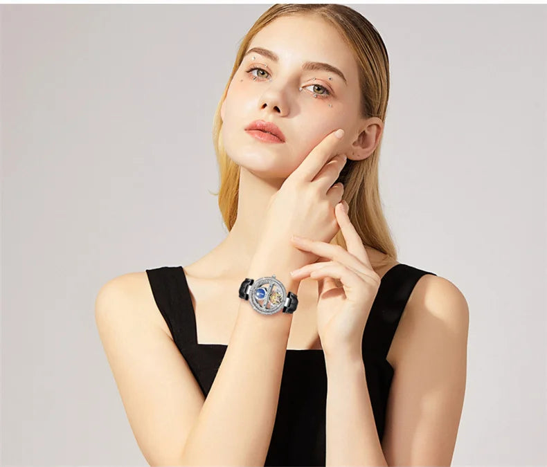 Női automata mechanikus karóra, csúcsmárkás luxus bőr vízálló órák, női csontváz Tourbillon óra, reloj mujer, új