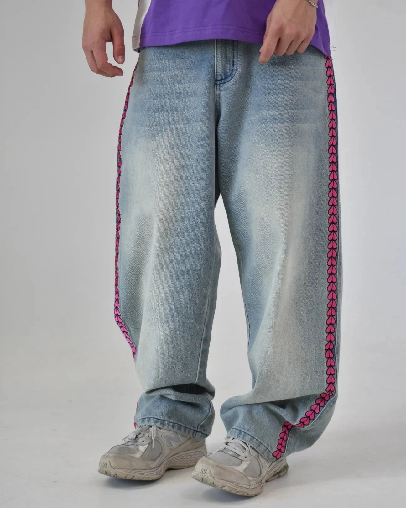 Y2K Férfi D4C JoJo Magas Derekú Baggy Farmer  Rózsaszín Szív Oldali Hímzés Laza Fazonú  Farmer Nadrág Utcai Viselet Széles Lábajú Nadrág