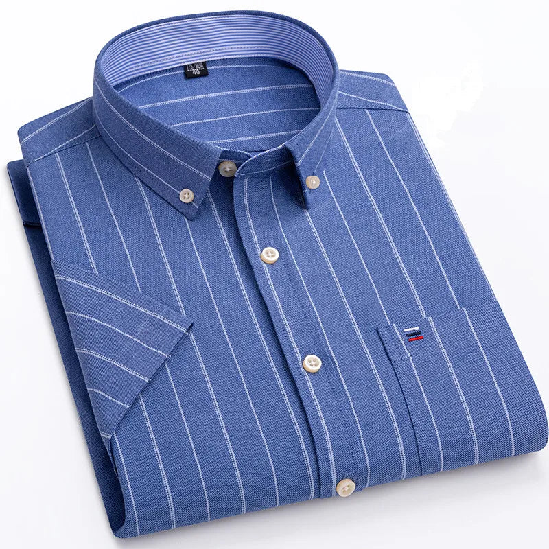 100% pamut férfi Oxford ing, rövid ujjú, nyári, kockás, csíkos, férfi ruházat, üzleti, normál szabású, túlméretezett ing, 7XL, 6XL