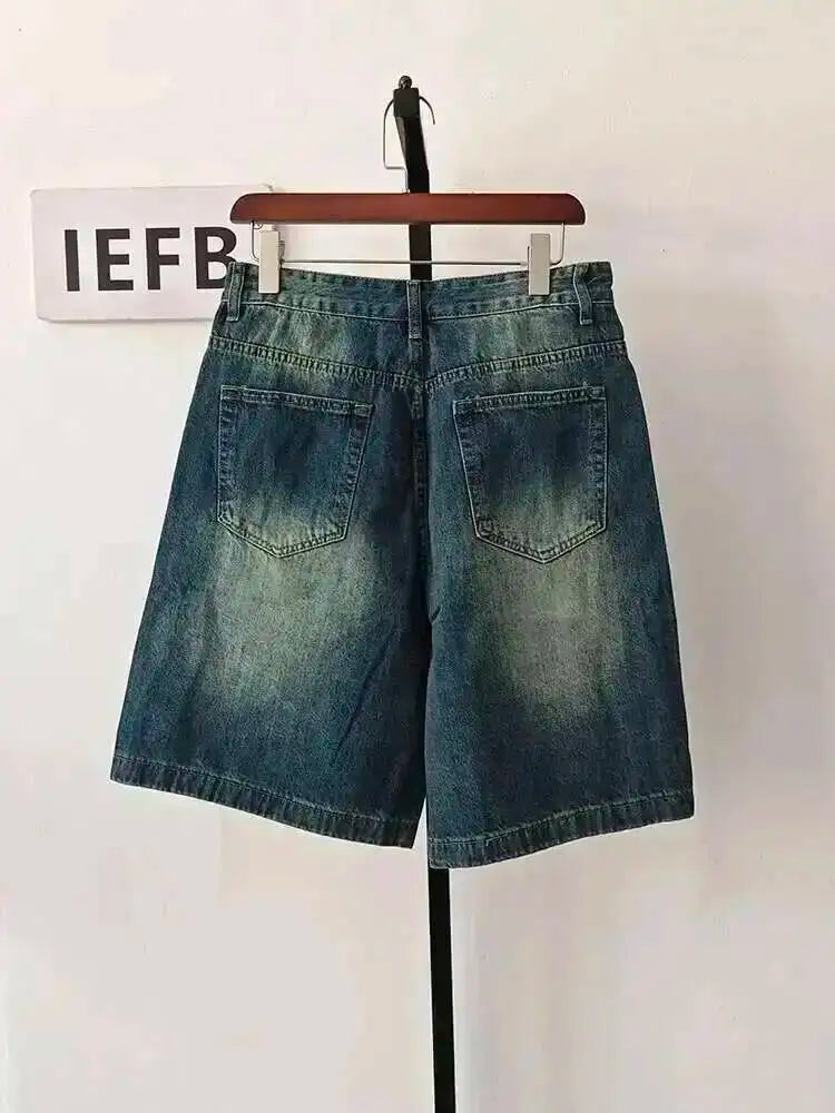 IEFB Nyári Férfi Lezser Farmer Rövidnadrág Laza Közepes Magas Derekú Divat Térdhosszúságú Farmer Rövid Nadrág Vintage Férfi Új Koreai